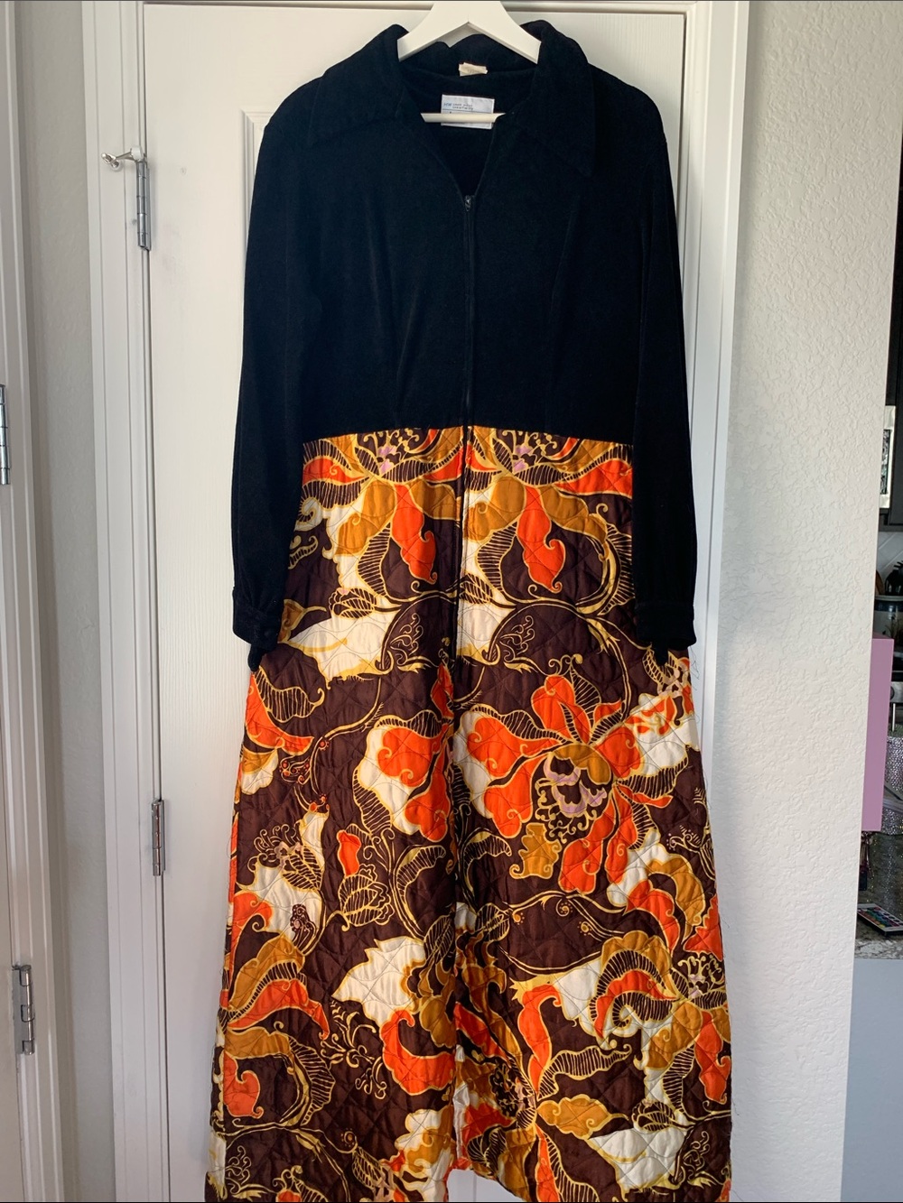 1970’s quilted JCP’s Loungewear Black and Multi Floral Dress